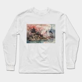 Japan Temple Buddhist watercolor illustration Long Sleeve T-Shirt